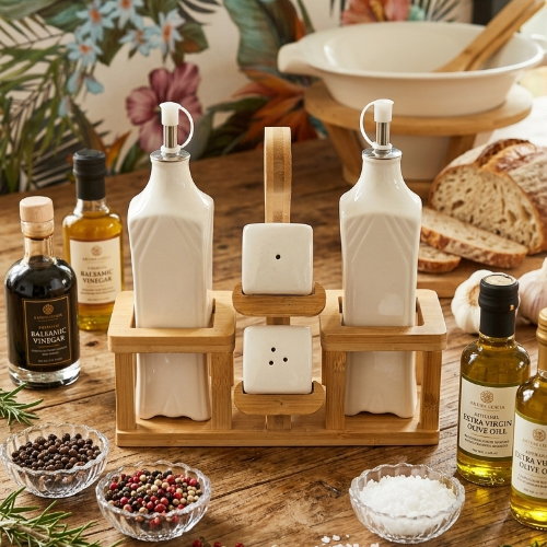 Set de Vinagrera y Aceitera Minimalista en Cerámica con Base de Bambú - Juego de 4 Piezas