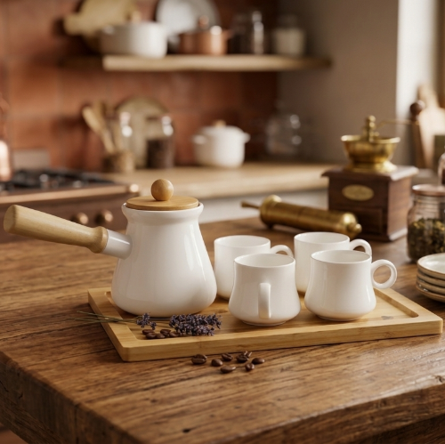 Juego de Café Turco en Cerámica Blanca con Base de Bambú - Set de 5 Piezas Moderno
