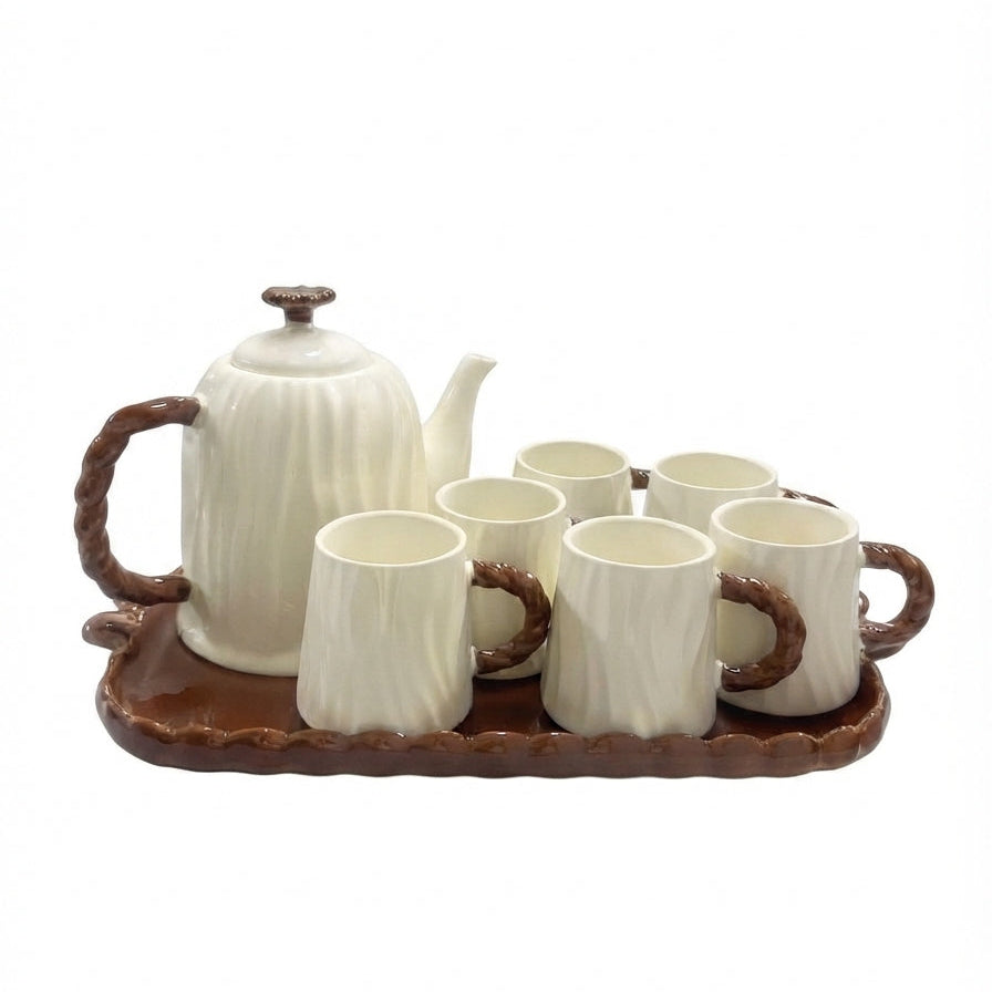 Set de Tetera y Tazas con Bandeja - Diseño Ondulado cafe 8pz