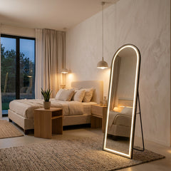 Espejo Arqueado de Cuerpo Entero con Luz LED y Marco Negro 150x40cm