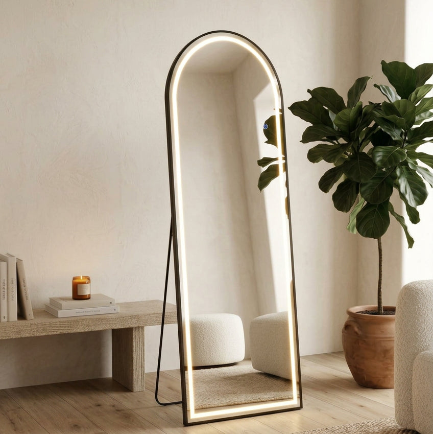 Espejo Arqueado de Cuerpo Entero con Luz LED y Marco Negro 160x50cm