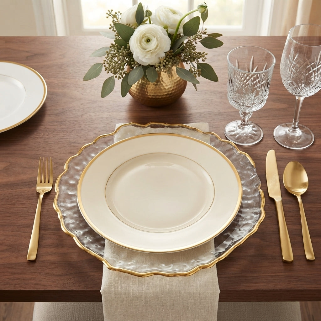 Plato Base de Cristal con Borde Tallado Dorado (32 cm)