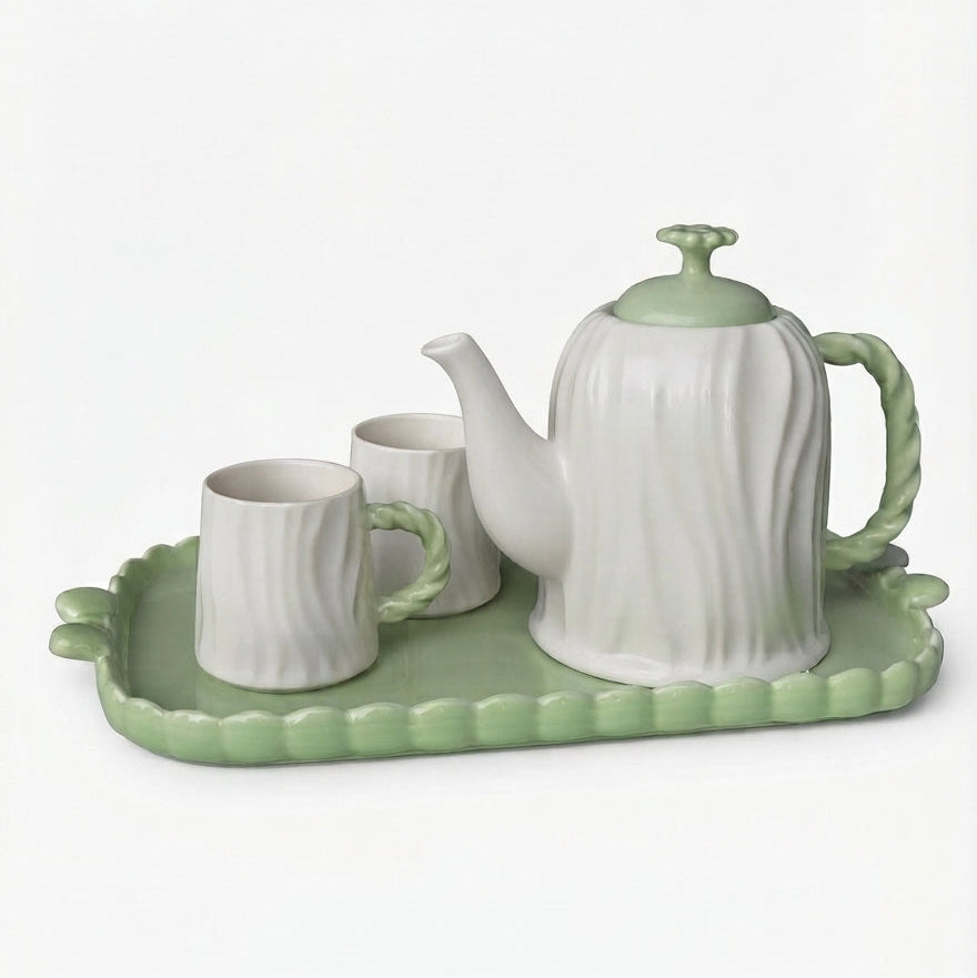 Set de Tetera y Tazas con Bandeja - Diseño Ondulado Verde Menta