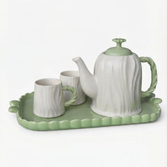 Set de Tetera y Tazas con Bandeja - Diseño Ondulado Verde Menta