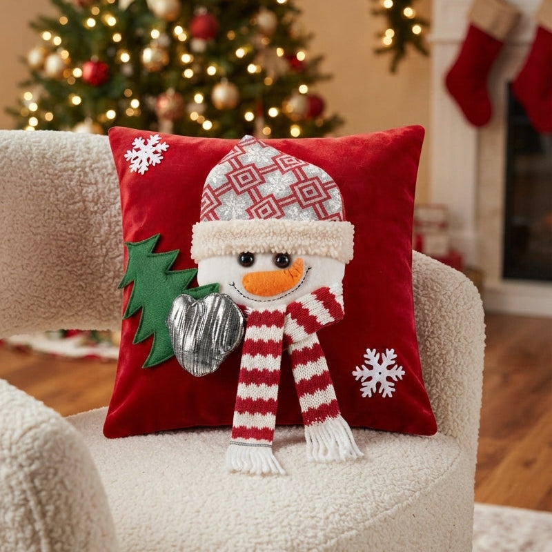 Forro de Cojín Navideño 3D de Muñeco de Nieve con Guante Plateado y Bufanda 42x42cm