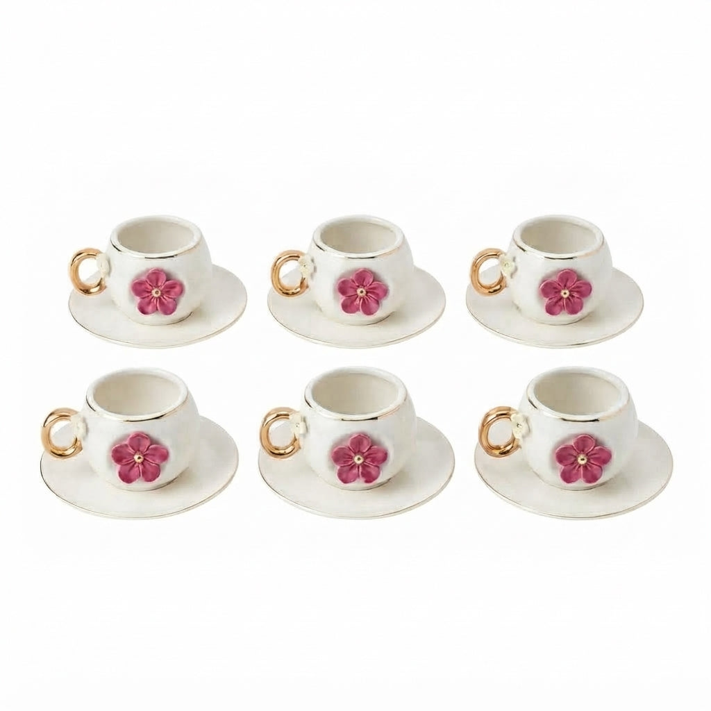 Set de Pocillos con Flor Fucsia (6 Puestos)