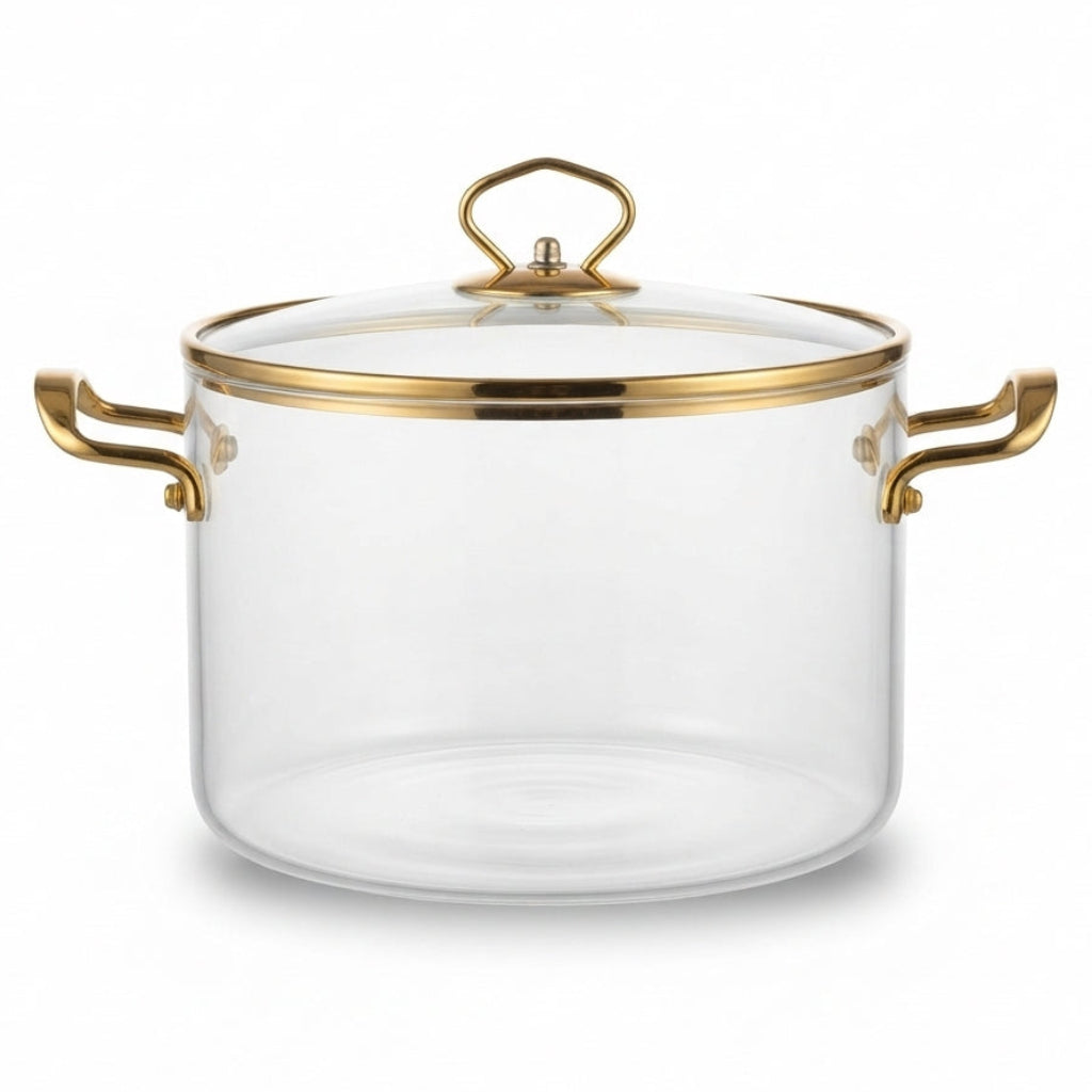 Olla de Vidrio con Detalles en Acero Dorado (5.5 Litros)