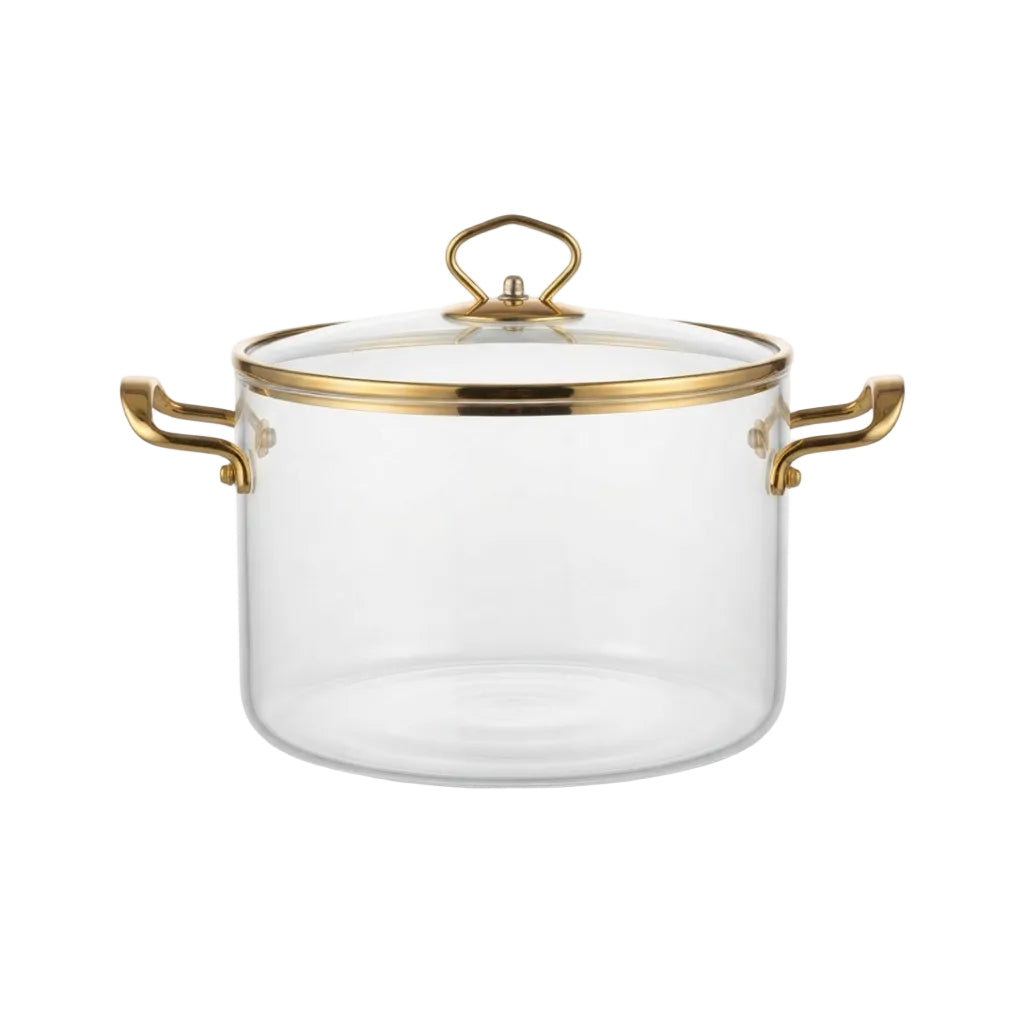 Olla de Vidrio con Detalles en Acero Dorado (3.5 Litros)