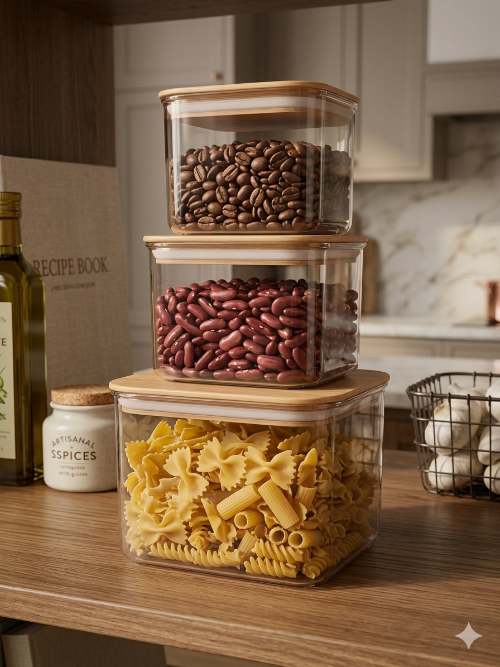 Recipiente Set x3 Premium de Acrílico con Tapa natural Hermética