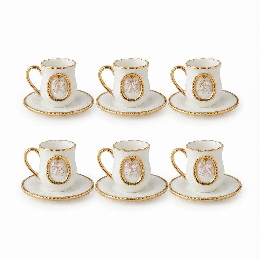 Set de Pocillos con Detalle de Lazo y Bordes Dorados (6 Puestos)