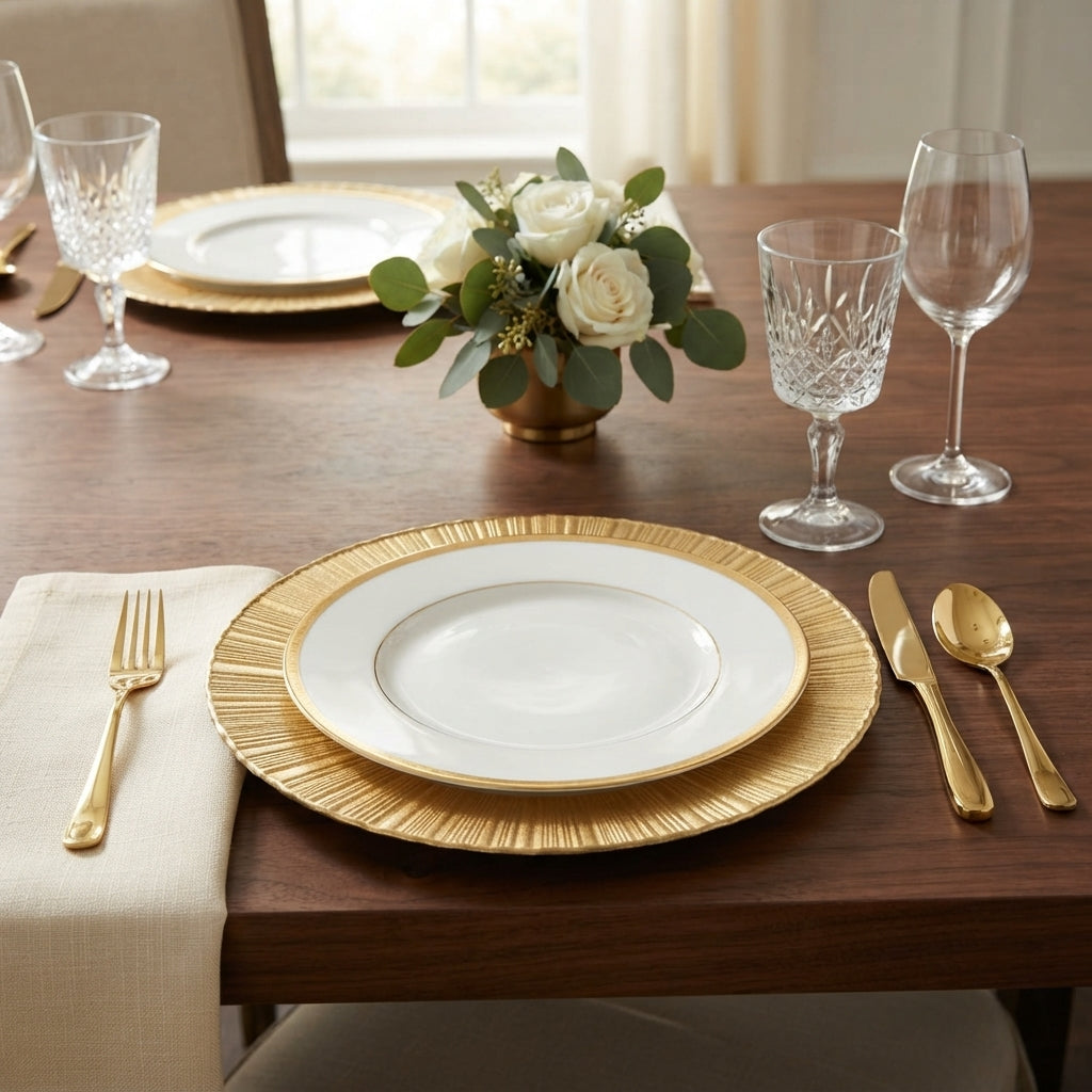 Plato Base de Cristal con Borde Tallado Dorado (32 cm)