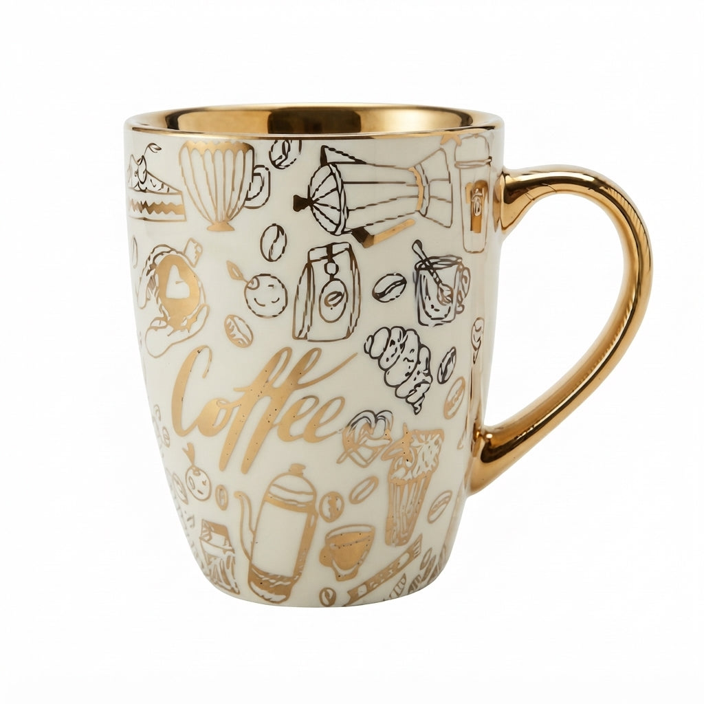 Pocillo de Cerámica Temático "Coffee" con Diseños Dorados
