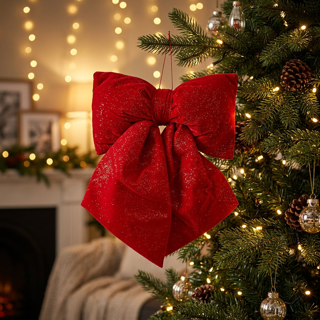 Lazo navideño de terciopelo rojo con escarcha 29x36cm