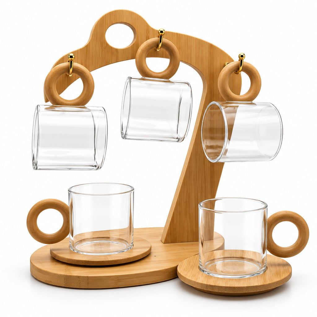 Set de 6 pocillos para tinto con base y 6 platos de madera