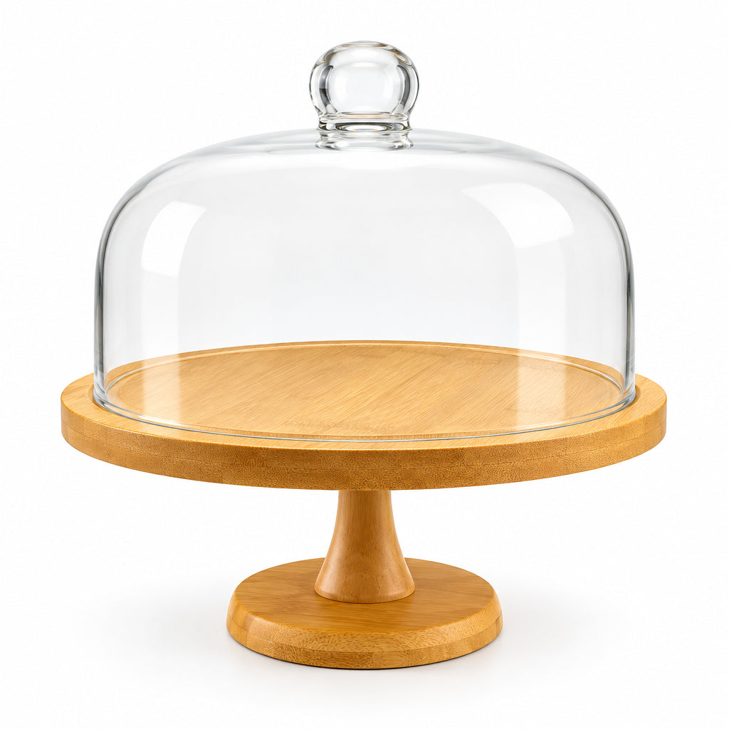 Postrera con Pedestal de Madera y Cúpula de Vidrio