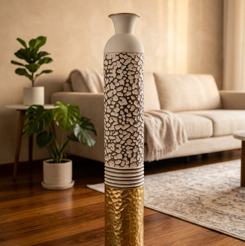 Jarrón Grande Escultural Textura Orgánica Blanco & Dorado 80x14cm