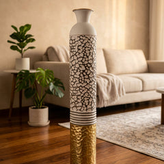 Jarrón Grande Escultural Textura Orgánica Blanco & Dorado 80x14cm