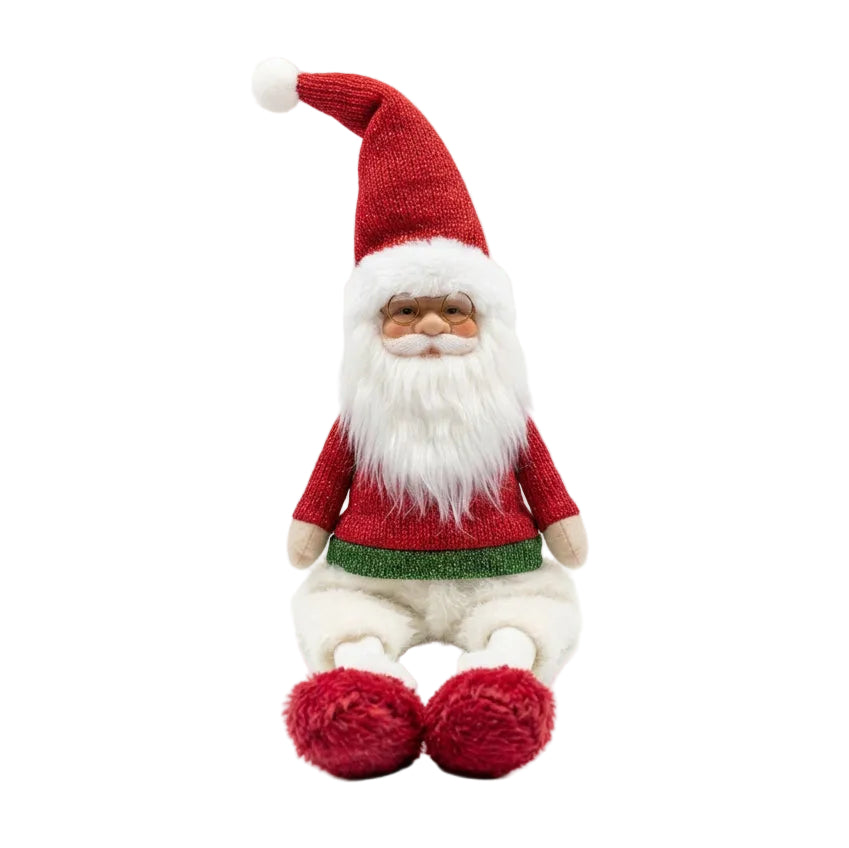 Papá Noel Sentado de Patas Largas con Gafas y Suéter Tejido 34cm