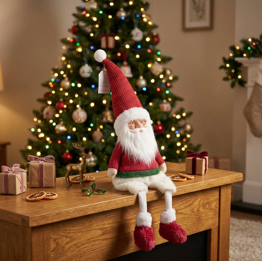 Papá Noel Sentado de Patas Largas con Gafas y Suéter Tejido 34cm