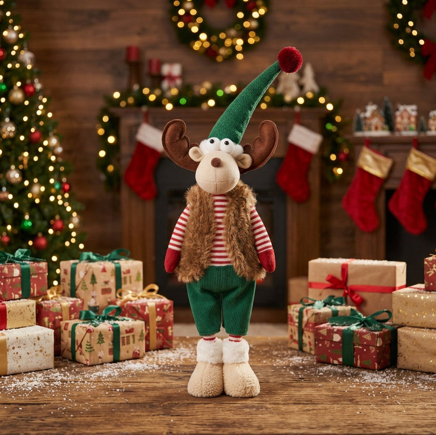 Muñeco Reno Navideño de Pie con Chaleco de Peluche 50cm
