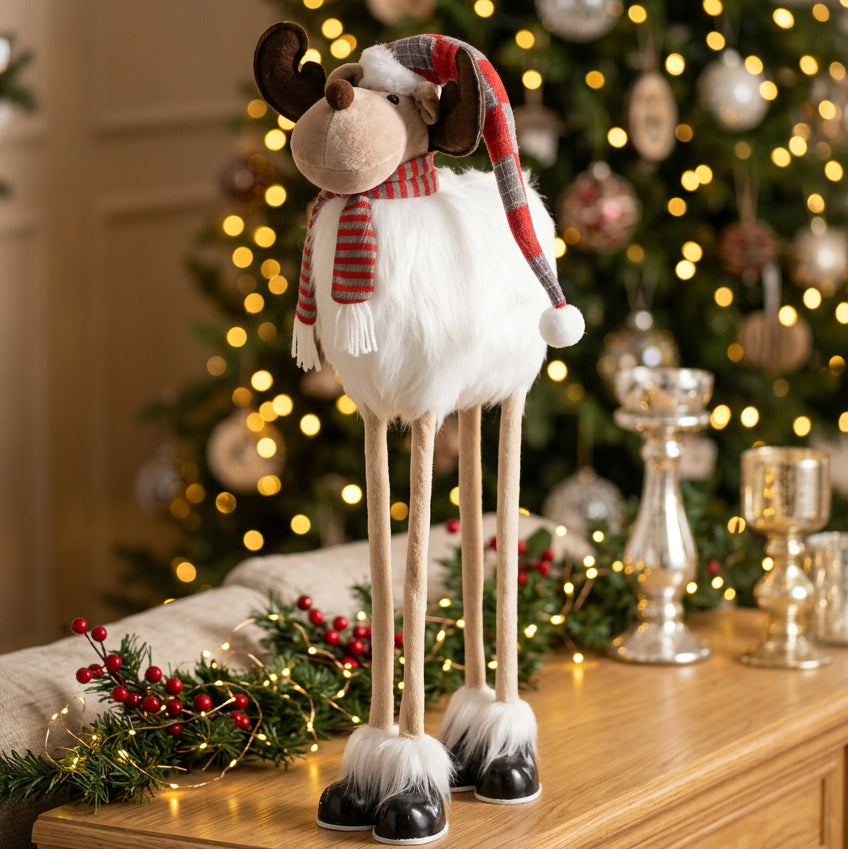 Reno Navideño de Pie de Patas Largas con Gorro 60cm