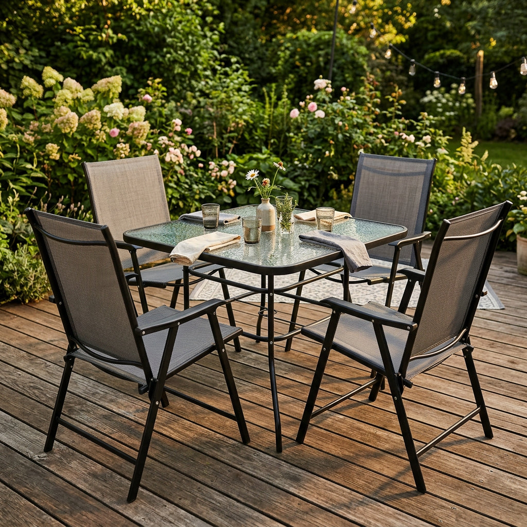 Comedor Exterior de 5 Piezas con Mesa de Vidrio Templado y 4 Sillas