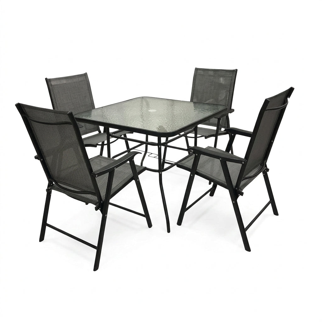 Comedor Exterior de 5 Piezas con Mesa de Vidrio Templado y 4 Sillas
