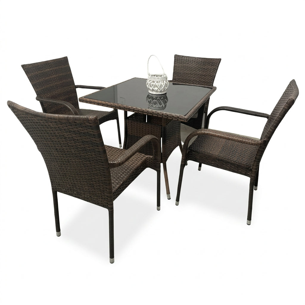 Juego de comedor exterior de 5 piezas con mesa cuadrada de vidrio