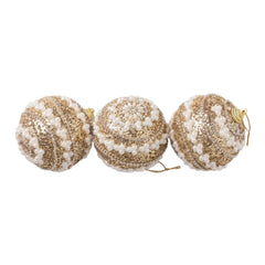 Set x3 Esferas navideñas doradas escarchadas con perlas Blancas 8cm