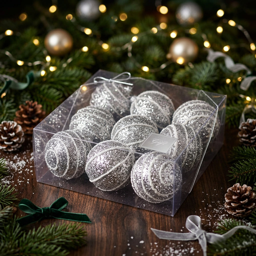 Set x9 Esferas navideñas plateadas escarchadas