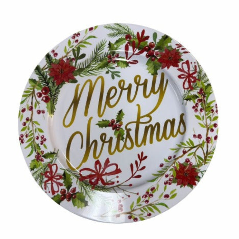 Plato Base Decorativo Navideño Corona de Flores "Merry Christmas" - 32 cm