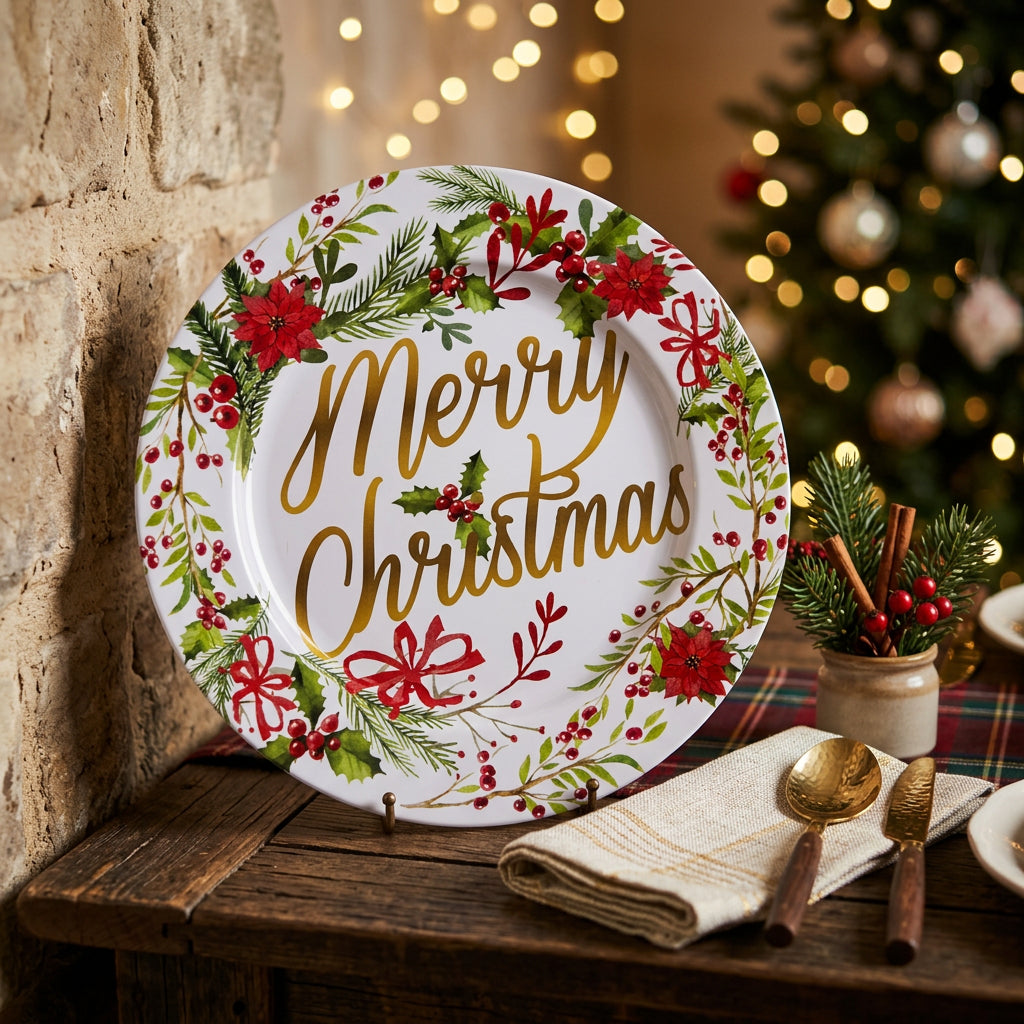 Plato Base Decorativo Navideño Corona de Flores "Merry Christmas" - 32 cm