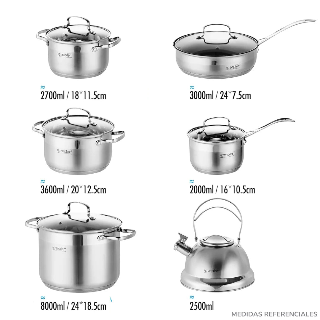 Bateria 12 Piezas Acero Inoxidable Con Tetera