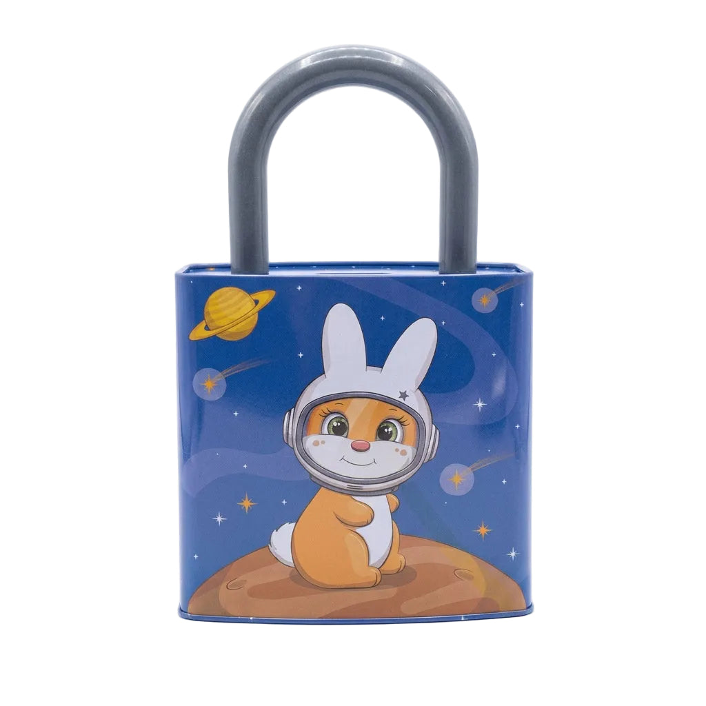 Alcancía Metálica Candado Diseño Espacial Conejo Astronauta 24x14