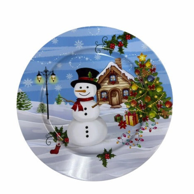 Plato Base Decorativo Navideño Muñeco de Nieve y Cabaña - 32 cm