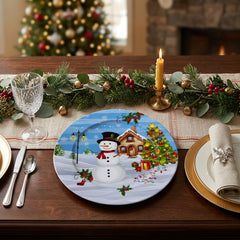 Plato Base Decorativo Navideño Muñeco de Nieve y Cabaña - 32 cm